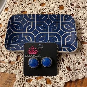 Blue post earrings and jewelry tray